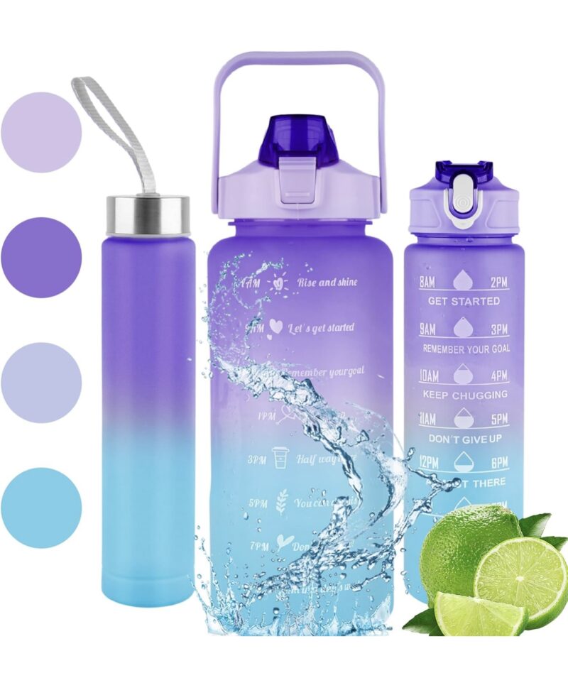 3 PCS Water Bottles With Straw, 10oz 32oz 64oz Motivational Sport Water Bottles with Time Maker BPA Free Leakproof Half Gallon 2L Water Jugs