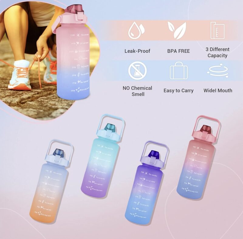 3 PCS Water Bottles With Straw, 10oz 32oz 64oz Motivational Sport Water Bottles with Time Maker BPA Free Leakproof Half Gallon 2L Water Jugs - Image 2